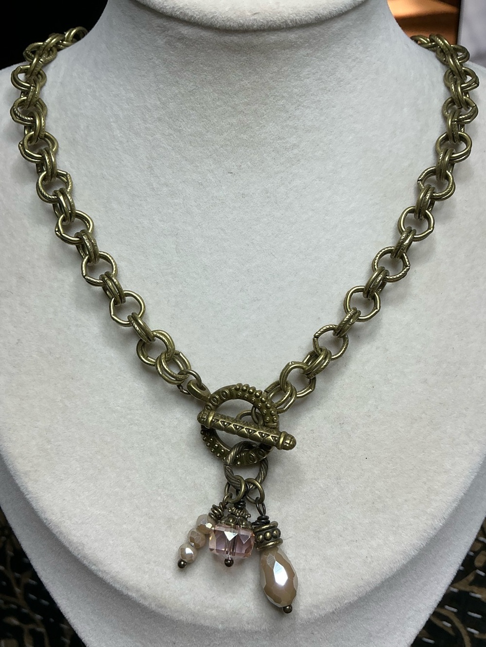Antique Gold Rollo Chain with Toggle Clasp and Blush Dangle Charms - 16”